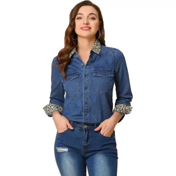 Allegra K Women's Button Up Jean Shirt Long Sleeve Leopard Denim Jacket