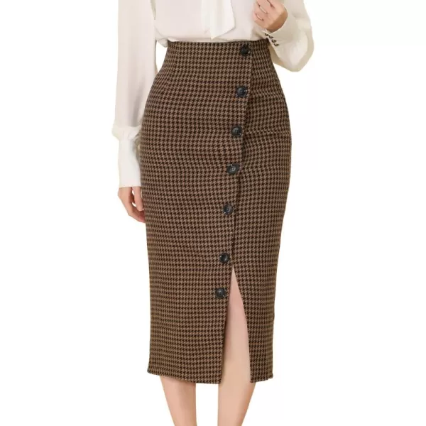 Allegra K Women's Elegant Houndstooth Elastic Waist Straight Split Midi Skirt