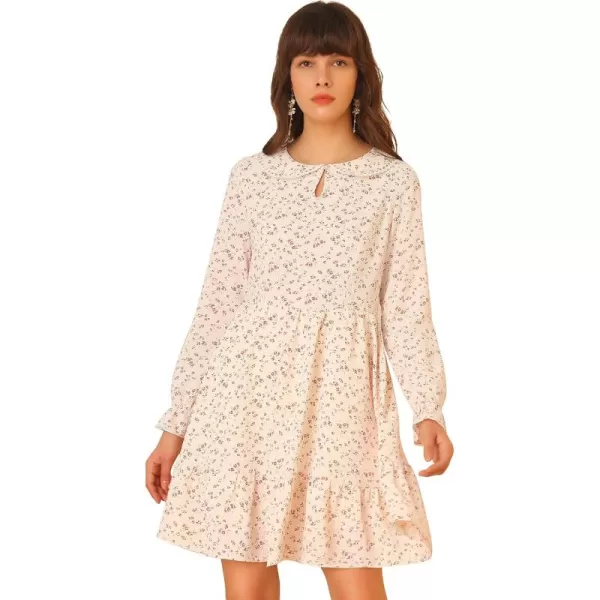 Allegra K Women's Floral Peter Pan Collar Keyhole Long Sleeve Ruffle Chiffon Dress