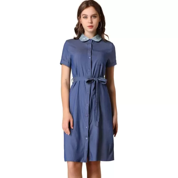 Allegra K Women's Peter Pan Collar Shift Button-Down Bow Tie Waist Cotton Dress