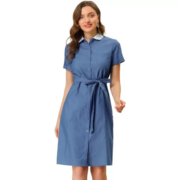 Allegra K Women's Peter Pan Collar Shift Button-Down Bow Tie Waist Cotton Dress