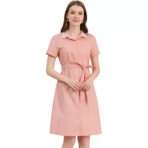 Allegra K Women's Peter Pan Collar Shift Button-Down Bow Tie Waist Cotton Dress