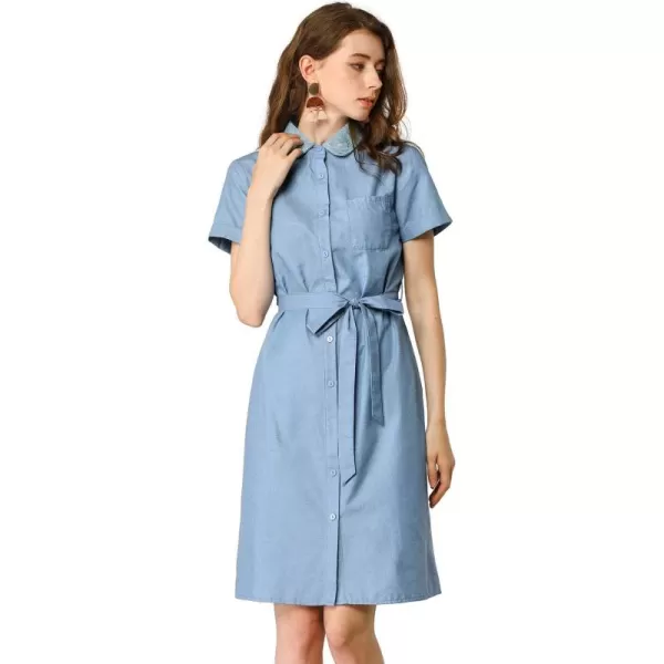 Allegra K Women's Peter Pan Collar Shift Button-Down Bow Tie Waist Cotton Dress