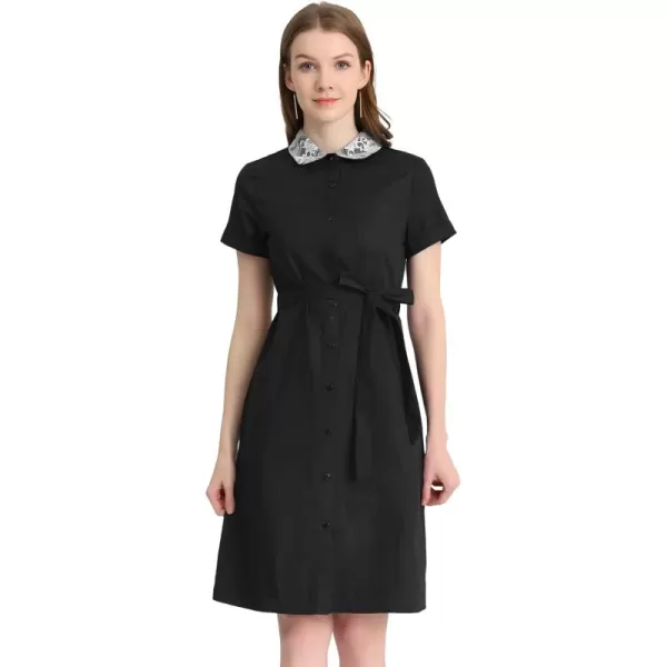 Allegra K Women's Peter Pan Collar Shift Button-Down Bow Tie Waist Cotton Dress