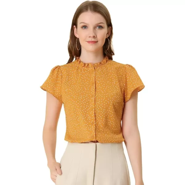 Allegra K Women's Ruffle Summer Dots Print 1950s Retro Short Sleeve Button Down Blouse Top