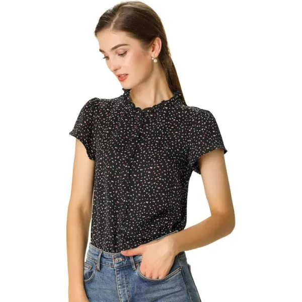 Allegra K Women's Ruffle Summer Dots Print 1950s Retro Short Sleeve Button Down Blouse Top