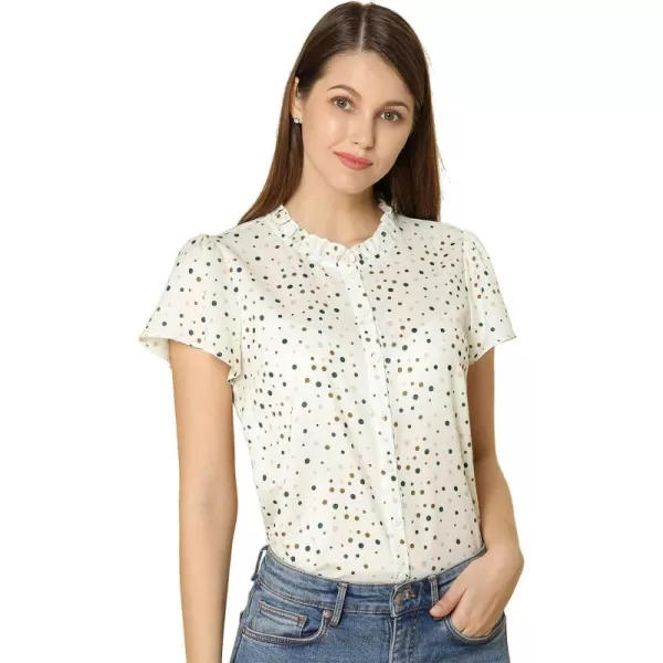 Allegra K Women's Ruffle Summer Dots Print 1950s Retro Short Sleeve Button Down Blouse Top