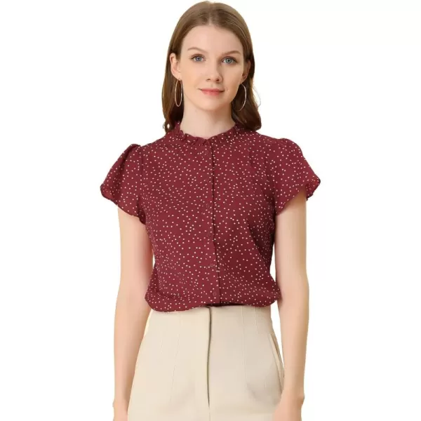 Allegra K Women's Ruffle Summer Dots Print 1950s Retro Short Sleeve Button Down Blouse Top