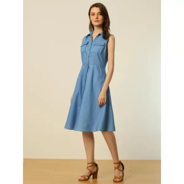 Allegra K Chambray Dress for Women's Tie Waist Button Front A-Line Dress