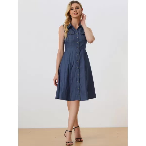 Allegra K Chambray Dress for Women's Tie Waist Button Front A-Line Dress
