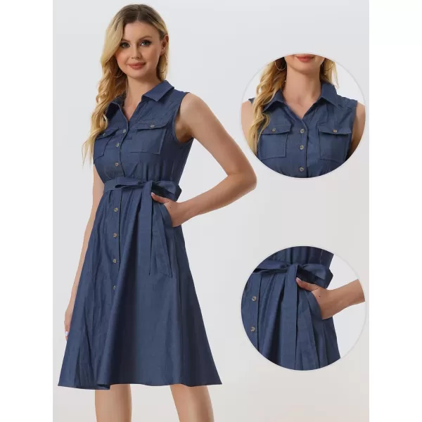 Allegra K Chambray Dress for Women's Tie Waist Button Front A-Line Dress
