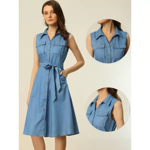 Allegra K Chambray Dress for Women's Tie Waist Button Front A-Line Dress