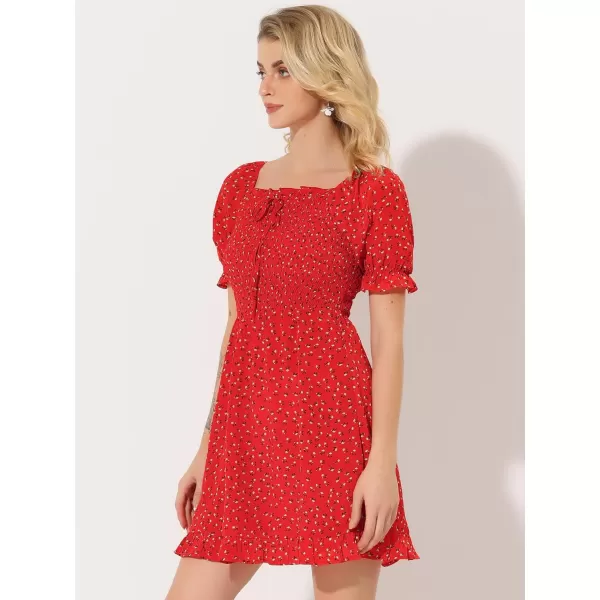 Allegra K Women's Puff Sleeve Square Neck Ruffled Hem Floral Smocked Dress
