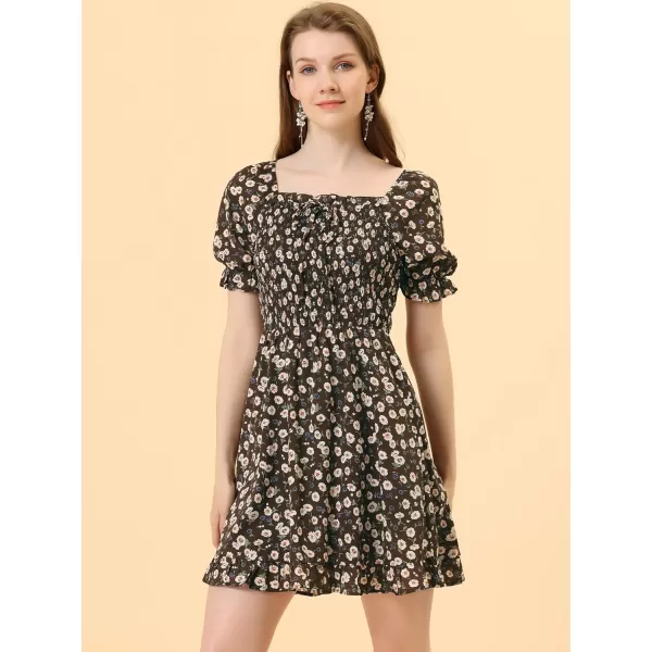 Allegra K Women's Puff Sleeve Square Neck Ruffled Hem Floral Smocked Dress