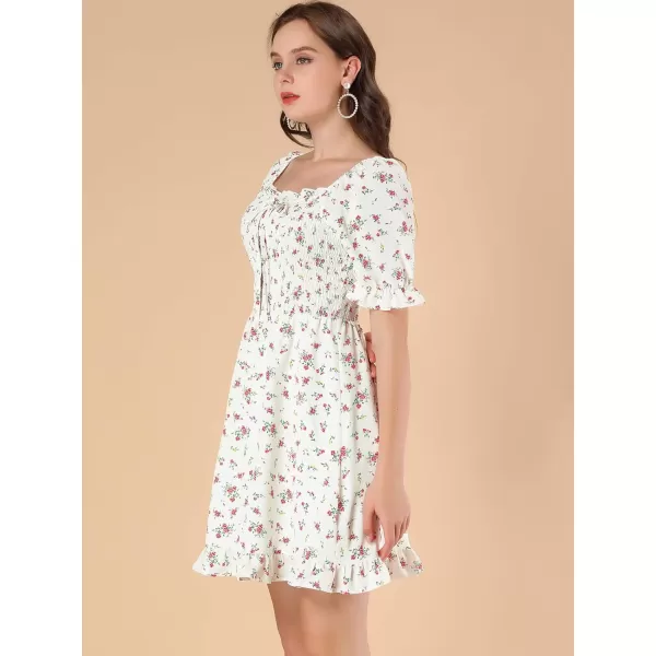 Allegra K Women's Puff Sleeve Square Neck Ruffled Hem Floral Smocked Dress