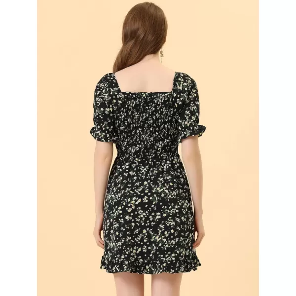 Allegra K Women's Puff Sleeve Square Neck Ruffled Hem Floral Smocked Dress