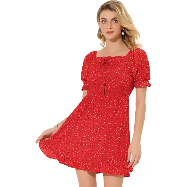Allegra K Women's Puff Sleeve Square Neck Ruffled Hem Floral Smocked Dress