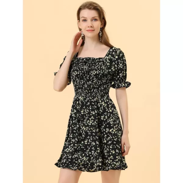 Allegra K Women's Puff Sleeve Square Neck Ruffled Hem Floral Smocked Dress