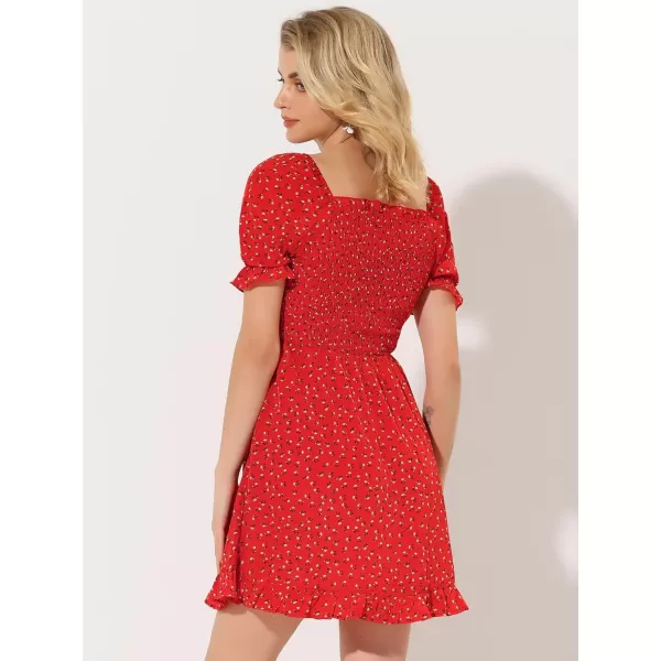 Allegra K Women's Puff Sleeve Square Neck Ruffled Hem Floral Smocked Dress