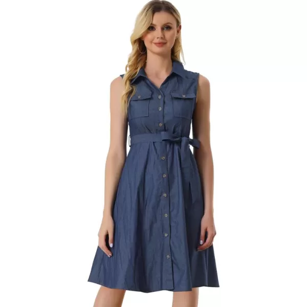 Allegra K Chambray Dress for Women's Tie Waist Button Front A-Line Dress