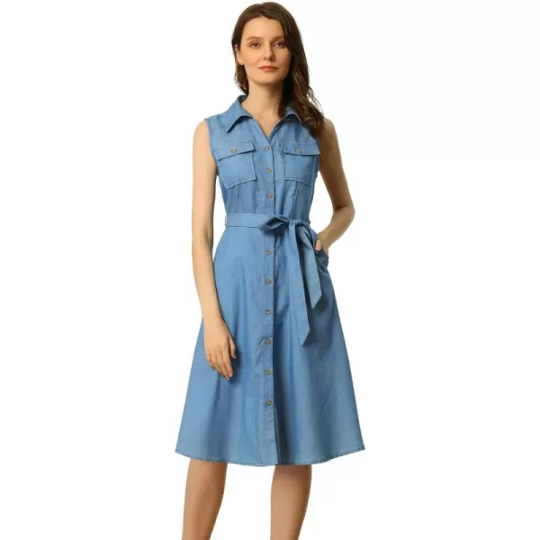 Allegra K Chambray Dress for Women's Tie Waist Button Front A-Line Dress