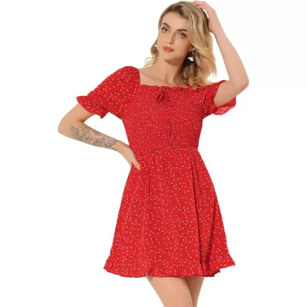 Allegra K Women's Puff Sleeve Square Neck Ruffled Hem Floral Smocked Dress