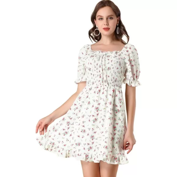 Allegra K Women's Puff Sleeve Square Neck Ruffled Hem Floral Smocked Dress