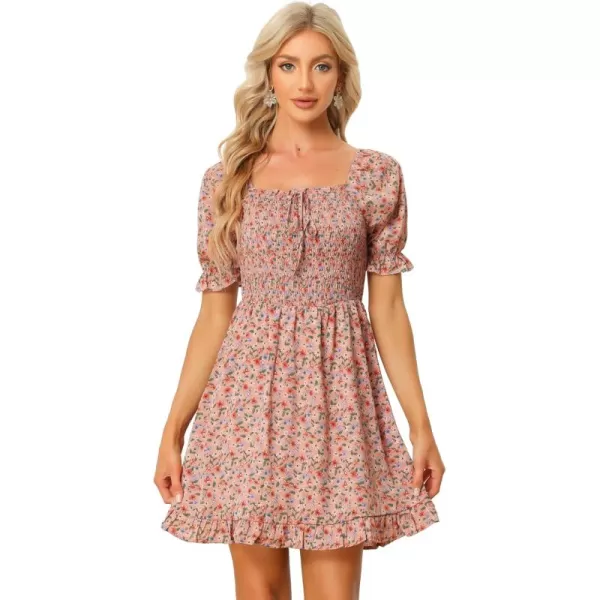 Allegra K Women's Puff Sleeve Square Neck Ruffled Hem Floral Smocked Dress