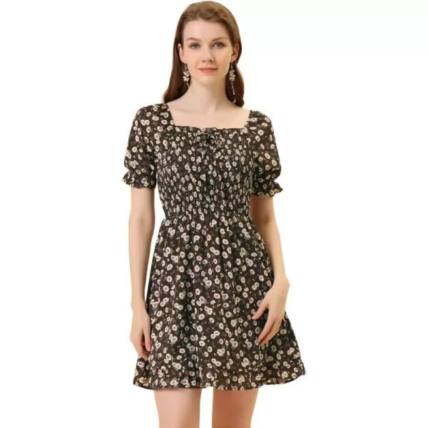 Allegra K Women's Puff Sleeve Square Neck Ruffled Hem Floral Smocked Dress