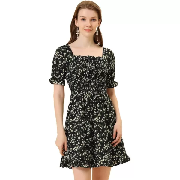 Allegra K Women's Puff Sleeve Square Neck Ruffled Hem Floral Smocked Dress