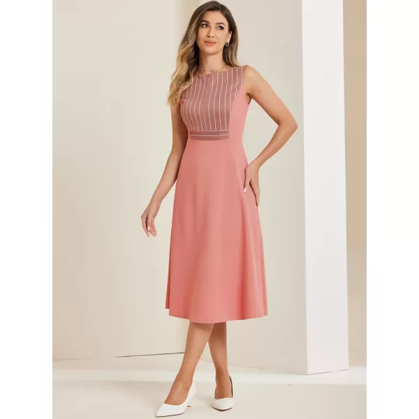 Allegra K Women's Striped Crew Neck Sleeveless A-Line Midi Work Office Dress