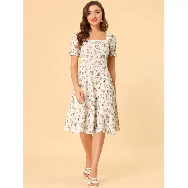 Allegra K Women's 2023 Summer Floral Square Neck Short Sleeve Midi A-line Dress