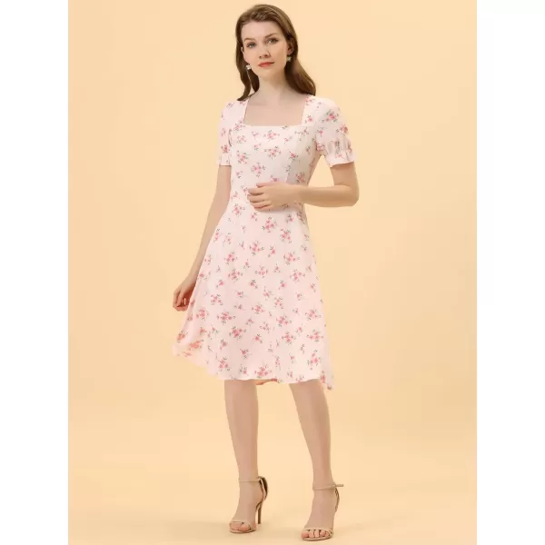 Allegra K Women's 2023 Summer Floral Square Neck Short Sleeve Midi A-line Dress