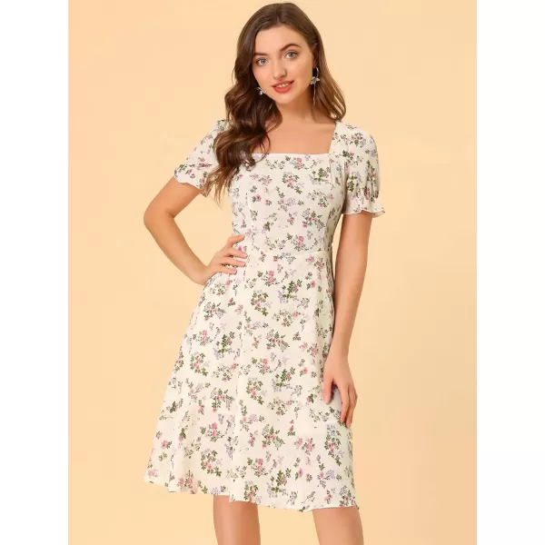 Allegra K Women's 2023 Summer Floral Square Neck Short Sleeve Midi A-line Dress