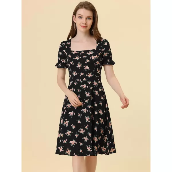 Allegra K Women's 2023 Summer Floral Square Neck Short Sleeve Midi A-line Dress