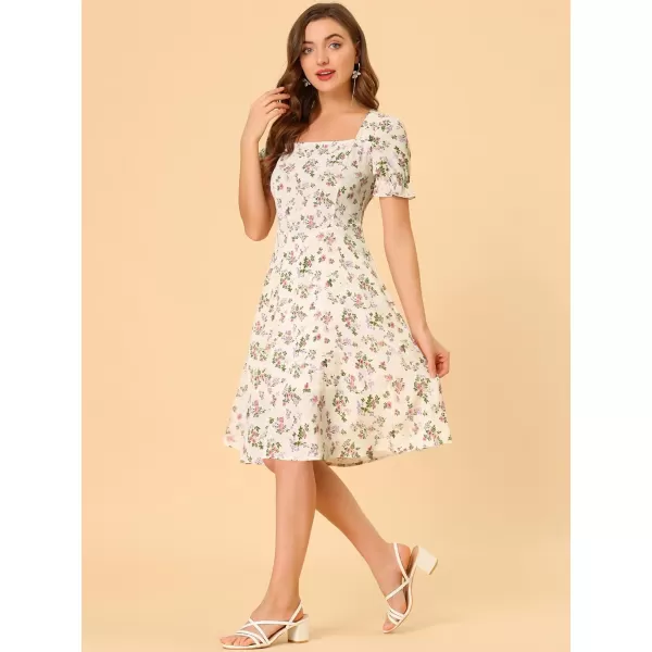 Allegra K Women's 2023 Summer Floral Square Neck Short Sleeve Midi A-line Dress