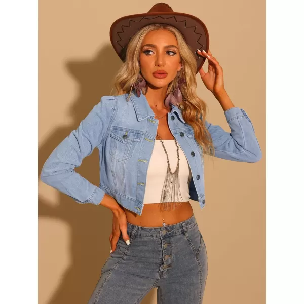 Allegra K Women's Cropped Jean Jacket Button Down Puff Sleeve Denim Jacket