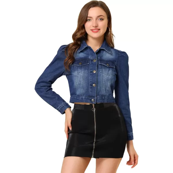 Allegra K Women's Cropped Jean Jacket Button Down Puff Sleeve Denim Jacket