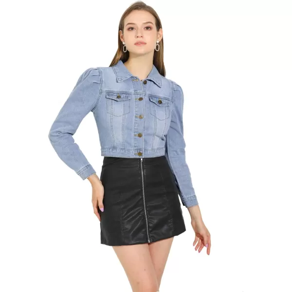 Allegra K Women's Cropped Jean Jacket Button Down Puff Sleeve Denim Jacket