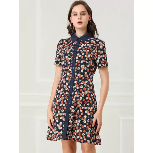 Allegra K Women's Short Sleeve Contrast Collar Belted Floral Shirt Dress