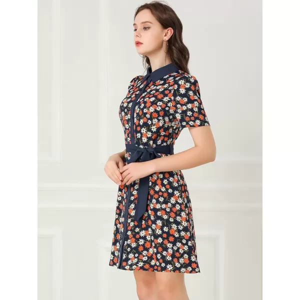 Allegra K Women's Short Sleeve Contrast Collar Belted Floral Shirt Dress