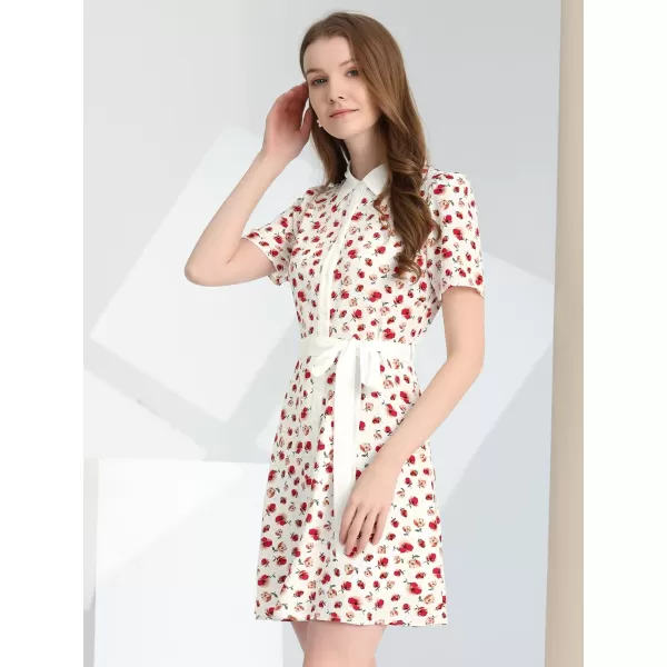 Allegra K Women's Short Sleeve Contrast Collar Belted Floral Shirt Dress