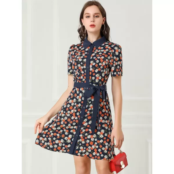 Allegra K Women's Short Sleeve Contrast Collar Belted Floral Shirt Dress