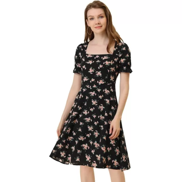 Allegra K Women's 2023 Summer Floral Square Neck Short Sleeve Midi A-line Dress