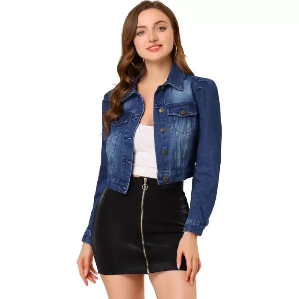 Allegra K Women's Cropped Jean Jacket Button Down Puff Sleeve Denim Jacket