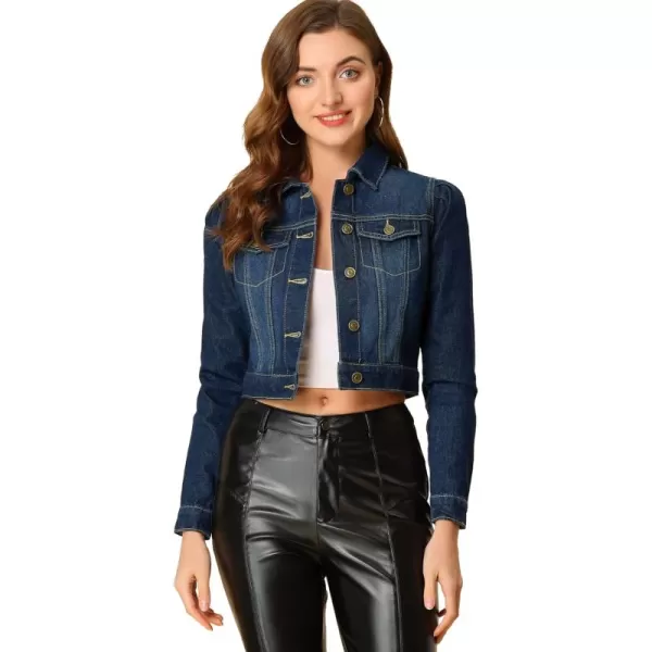 Allegra K Women's Cropped Jean Jacket Button Down Puff Sleeve Denim Jacket