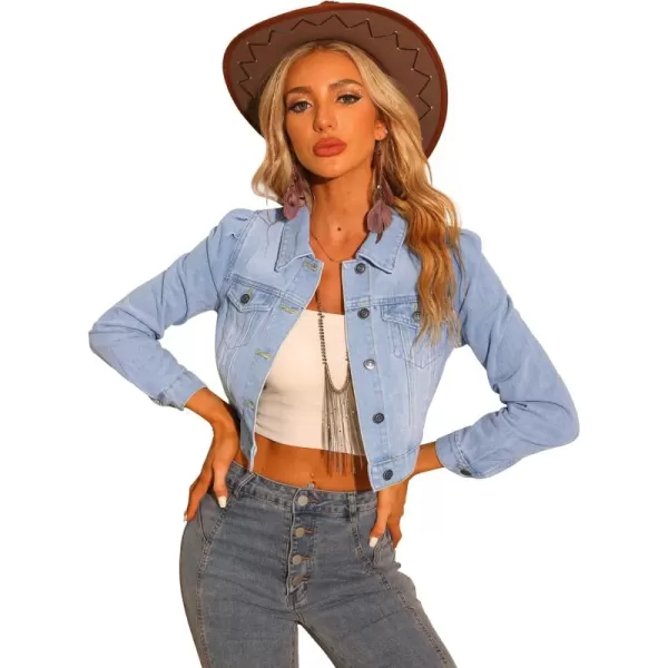 Allegra K Women's Cropped Jean Jacket Button Down Puff Sleeve Denim Jacket