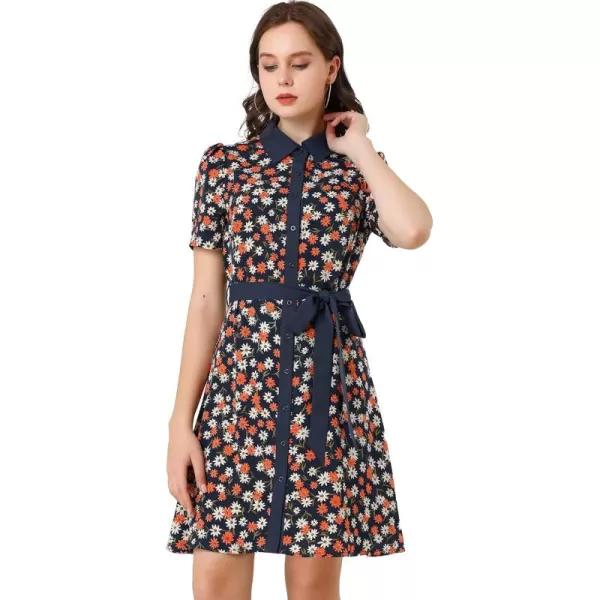 Allegra K Women's Short Sleeve Contrast Collar Belted Floral Shirt Dress