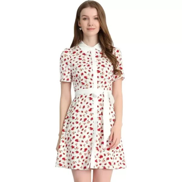 Allegra K Women's Short Sleeve Contrast Collar Belted Floral Shirt Dress