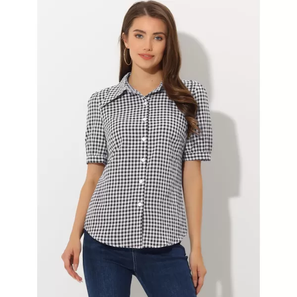 Allegra K Plaid Blouse for Women's Bow Tie Neck Puff Short Sleeve Gingham Shirt Top